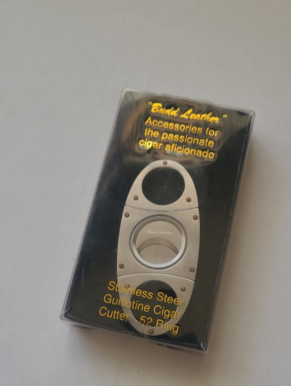 Budd Leather Guillotine Cigar Cutter .52 Ring Stainless Steel with Gold Screws